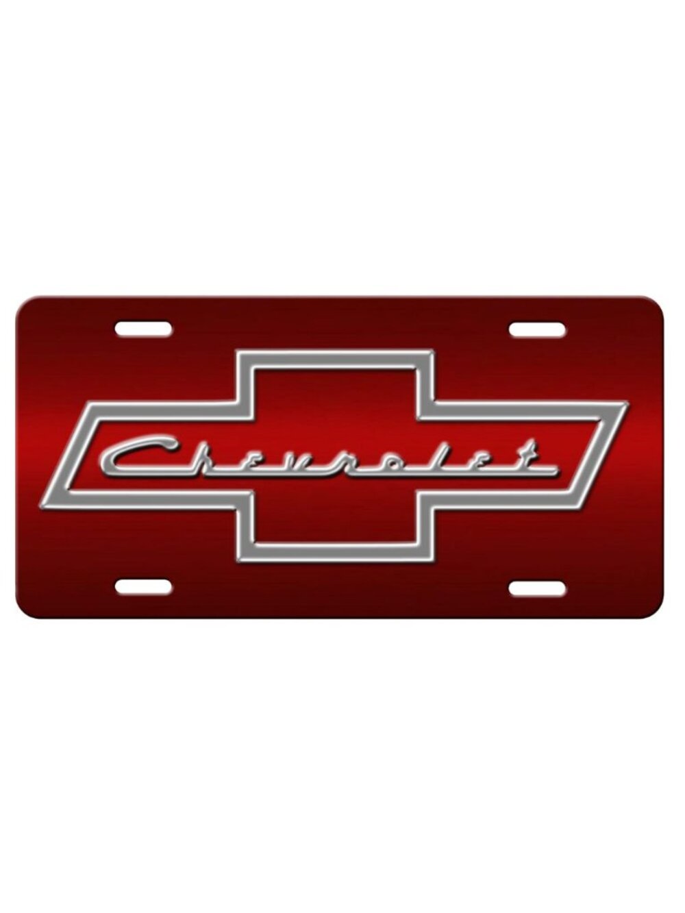 SILVER CHEVY BOWTIE Inspired art on Red aluminum license plate